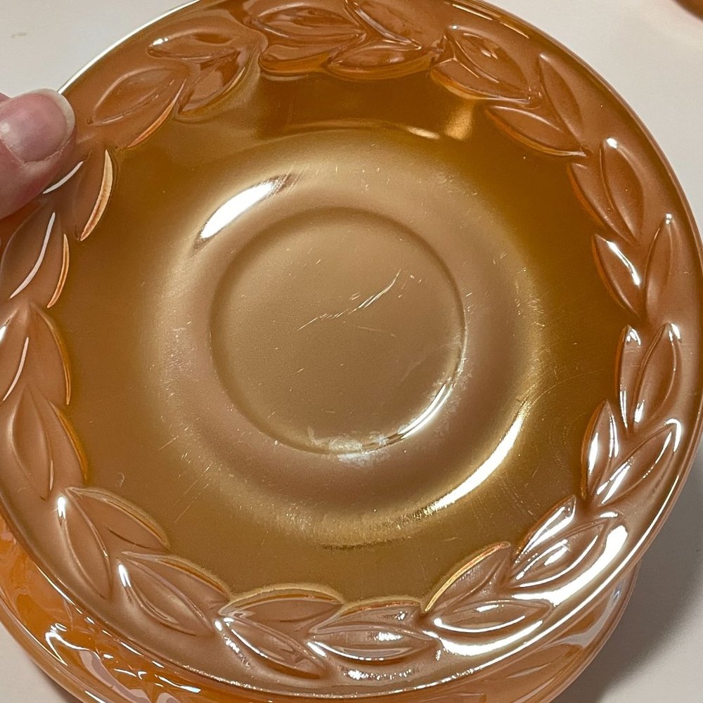 Vintage Fire King Peach Lustre Laurel Leaf Iridescent Cups and Saucers Set of 5 - Picture 9 of 16